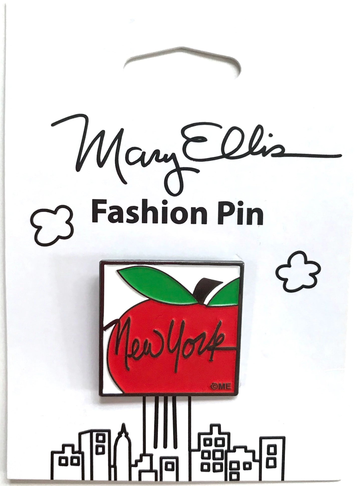 Red Apple:
A graphic symbol illustration with smooth, rounded edges, reminiscent of an emblem or logo. The bright red apple is shown in a partial view as a solid shape with minimal detail, topped with a bright green leaf and a black stem. The words “New York” appear in black cursive lettering across the apple, adding a playful, handwritten feel. The pin is displayed on crisp white illustrated packaging, which enhances contrast and allows the bold colors and simple design to stand out clearly.