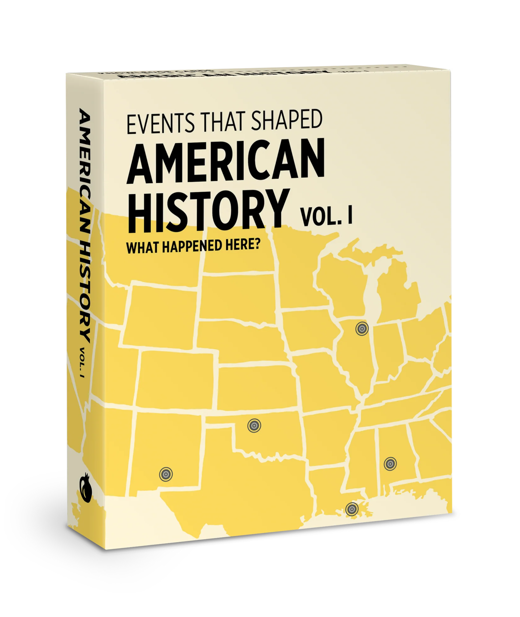Book/Deck Title: Knowledge Cards: What Happened Here? Events That Shaped American History. Vol. I. A parchment‑colored background with a simple outline of the United States. Small grey dots mark historic event locations across the map. The title appears in bold black lettering above the map.
