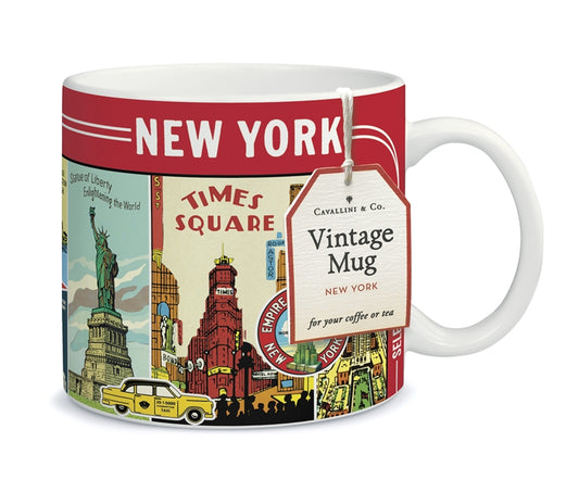 A ceramic mug decorated with a vintage New York City design. It features bold, colorful artwork in reds, greens, oranges, blues, and yellows. The words “New York” appear in large white block letters near the top, just below the rim. A hang‑tag is attached, and the overall look feels classic and retro. Mug measures 3.5” x 3.5".