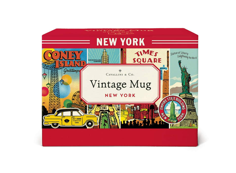 The packaging is a rectangular box covered in a collage of vintage‑style New York City icons. The illustrations look old‑fashioned and nostalgic, similar to early 20th‑century posters and printed memorabilia, giving the box a classic, historic feel.