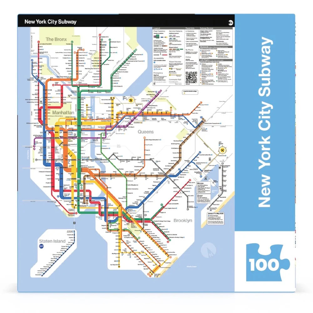 New York City Subway map on a puzzle packaging with blue border