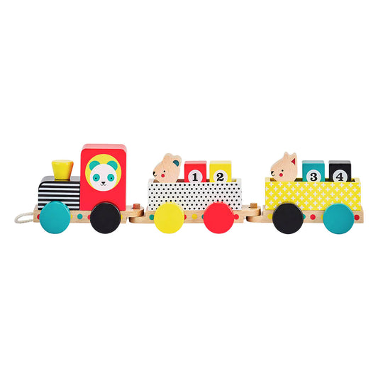 A small wooden pull‑along toy train with one engine and two detachable cars on wooden wheels. Four chunky numbered blocks and two small animal figures sit on top. The smooth, sturdy wood feels warm to the touch. The train is painted in soft pastel colors like pale blue, mint green, and yellow, with brighter blocks and gentle animal details showing a hint of natural wood grain.
