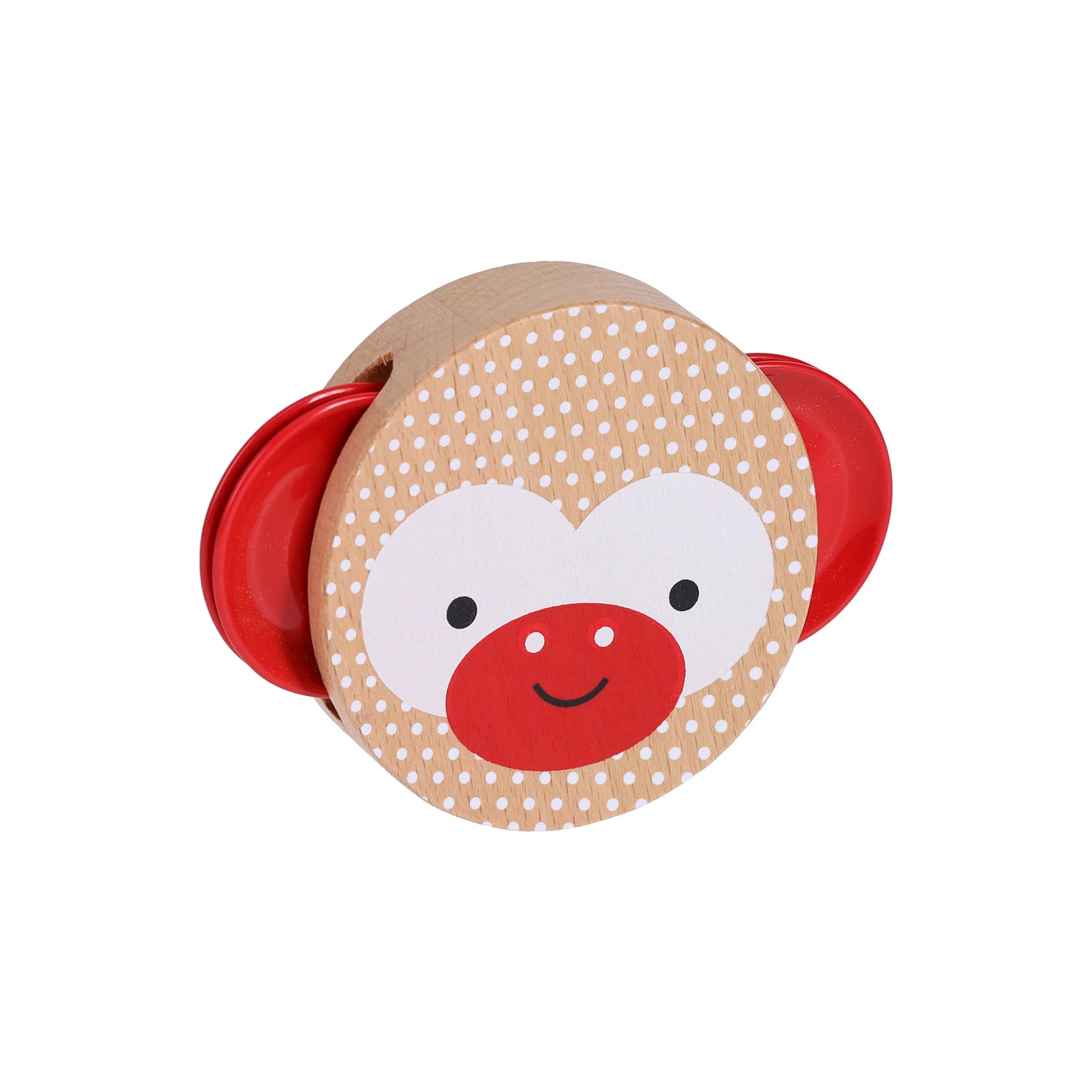 Product title: Miniature Wooden Tambourine -The design is printed with eco‑friendly, vegetable‑based inks directly onto the light natural wood, creating a clear monkey face set against a white polka‑dot background. Bright red metal jingles sit on each side like playful ears, their shine contrasting with the warm wood tones at the center.