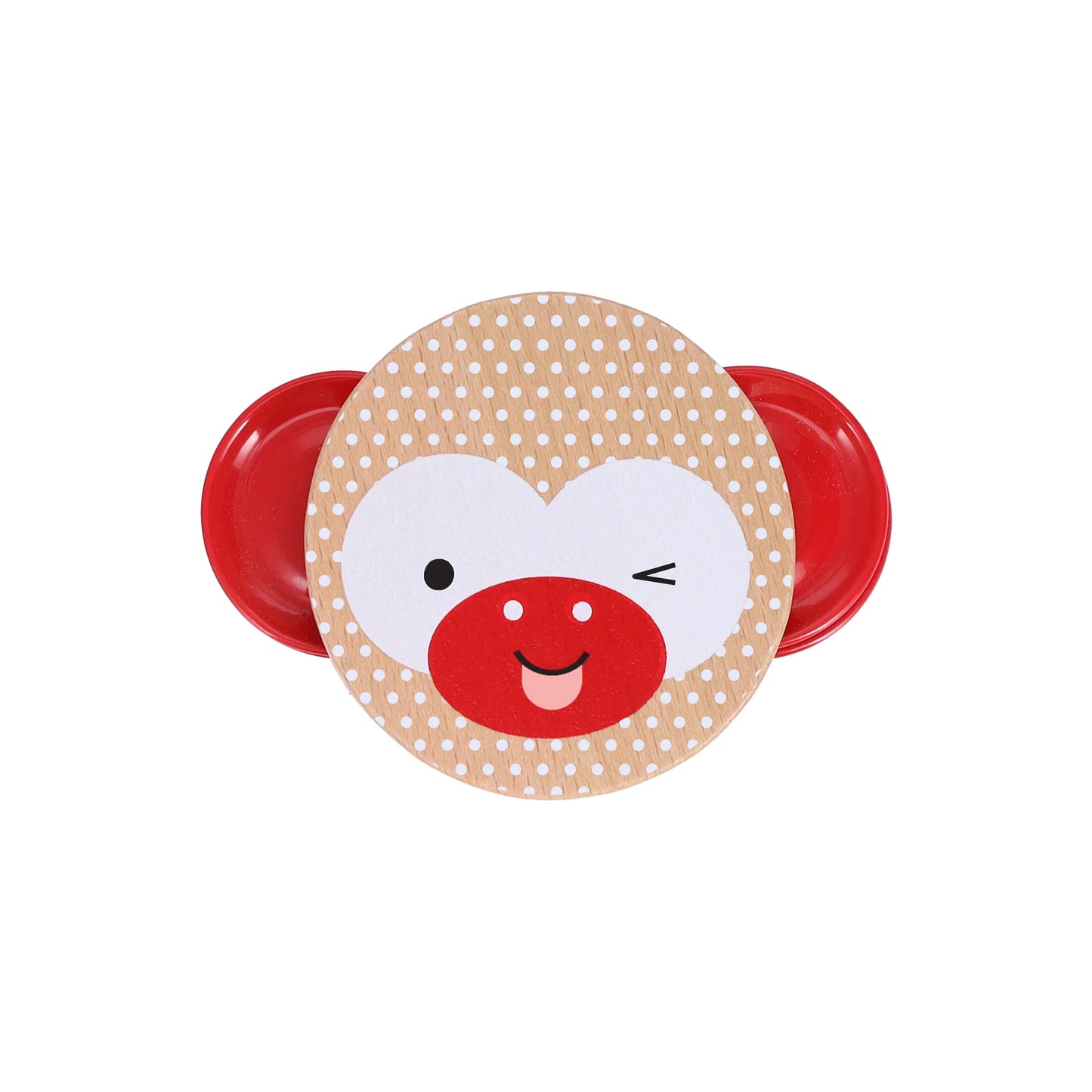 Product title: Miniature Wooden Tambourine -The design on the reverse side is printed with eco‑friendly, vegetable‑based inks directly onto the light natural wood, creating a clear winking monkey face set against a white polka‑dot background. Bright red metal jingles sit on each side like playful ears, their shine contrasting with the warm wood tones at the center.
