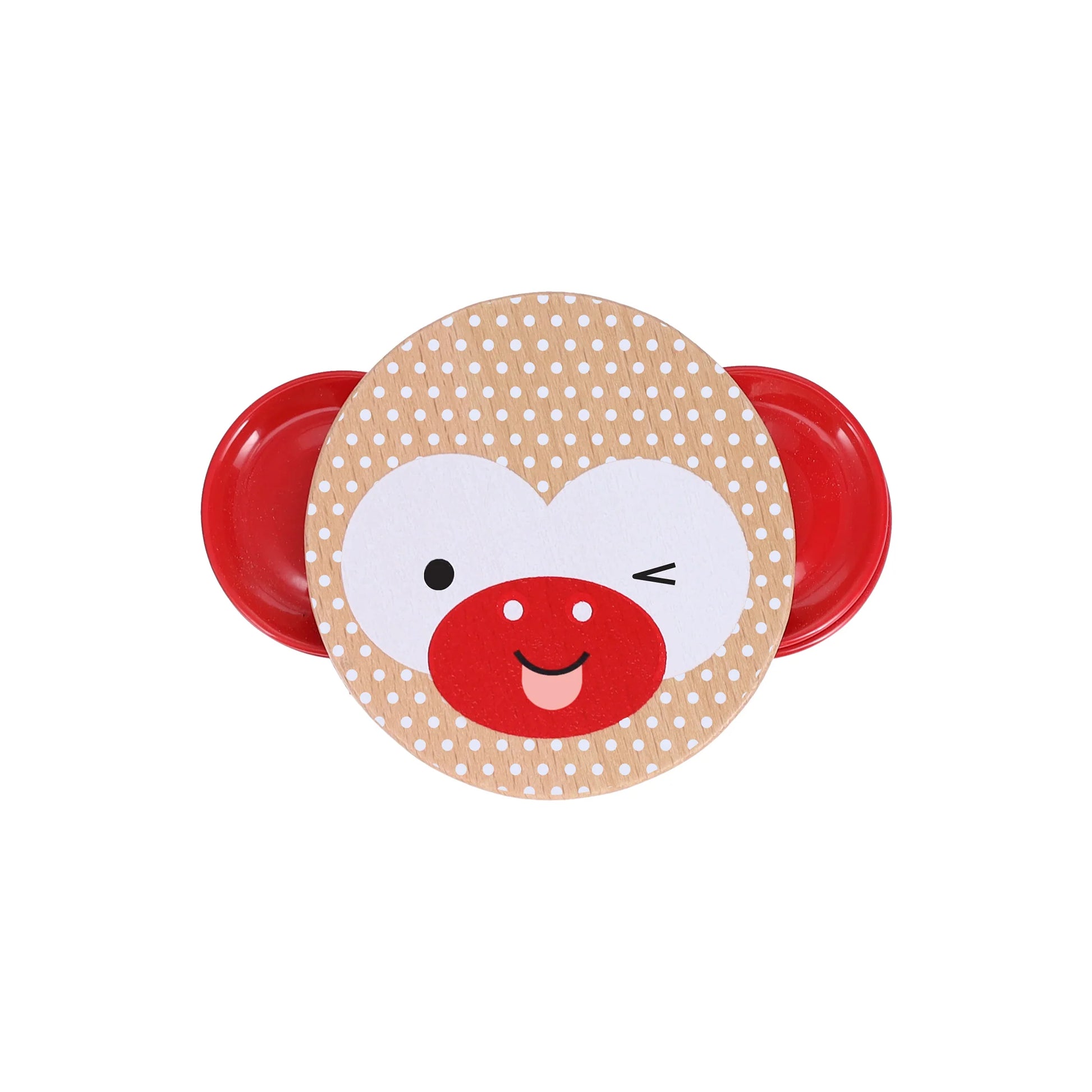 Product title: Miniature Wooden Tambourine -The design on the reverse side is printed with eco‑friendly, vegetable‑based inks directly onto the light natural wood, creating a clear winking monkey face set against a white polka‑dot background. Bright red metal jingles sit on each side like playful ears, their shine contrasting with the warm wood tones at the center.
