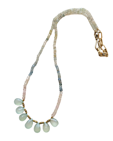 Necklace: Aquamarine & Morganite Faceted Rondelles, with Aqua Chalcedony Drops