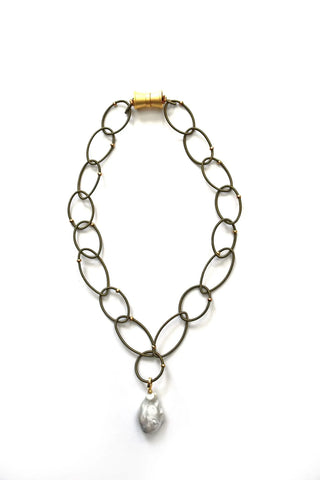 Bronze Piano Wire Chain Link Necklace with Biwa Pearl Pendant