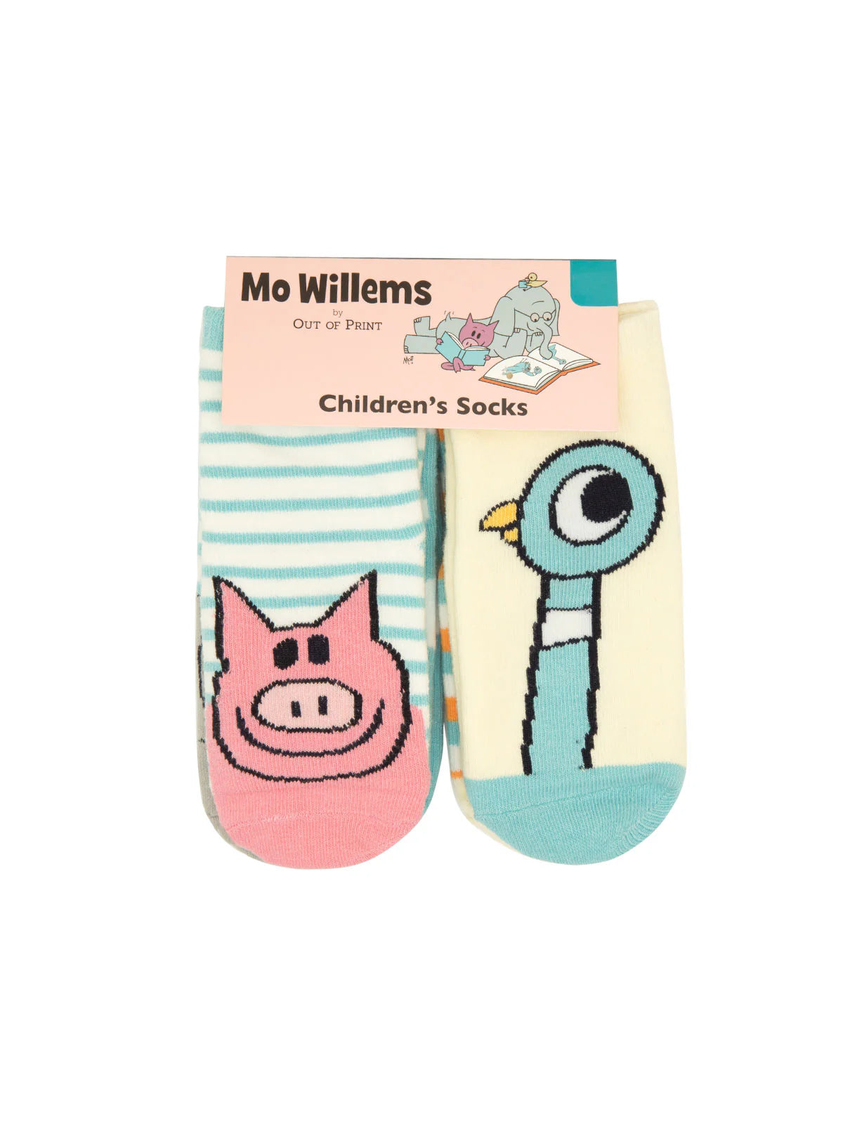 The pink card socks holder has "Mo Willems - Children's Socks" written in black on it. One sock shows a line drawing of a smiling pink pig against a blue stripe background, the other shows blue bird with a long neck and big bold eyes and a yellow beak against a lemon-yellow background. 