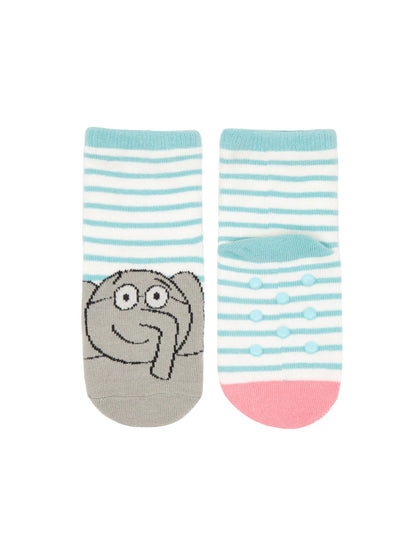 A pair of light blue striped toddler socks. One sock shows a simple line drawing of a smiling gray elephant wearing glasses. The other sock is shown from the bottom, with rubberized anti‑slip dots and a pink toe.
