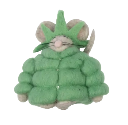 Ornament: Felt Mouse in Statue of Liberty Puffer Coat - A handcrafted felt wool mouse wears a mint green puffer coat and a bright green Statue of Liberty crown. The mouse has a heather gray-colored face with small ears and a long tail, creating a playful New York-inspired look. A hanging loop at the top allows it to be displayed as an ornament. Measures approximately 4.5 inches long by 3 inches wide by 4.5 inches high.