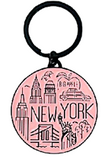 Pink keychain with New York City landmarks on a black background