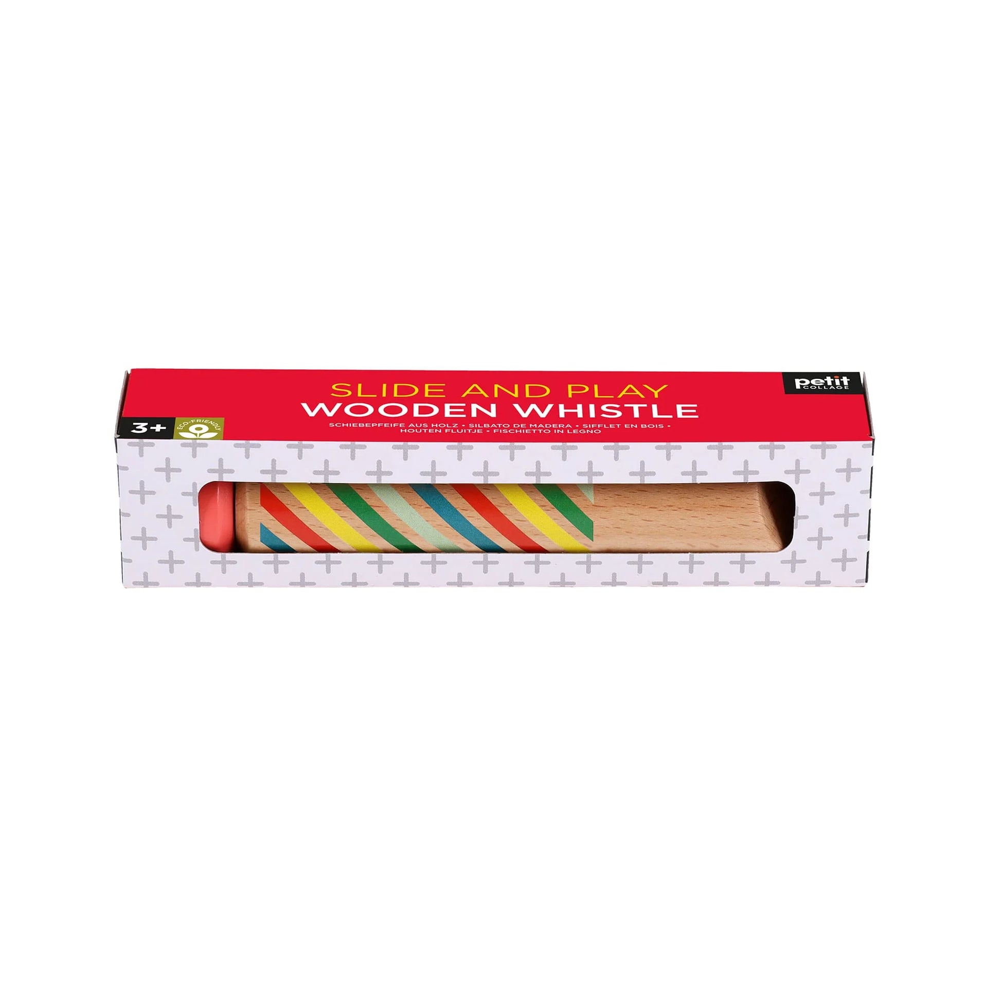 The image shows white‑and‑red product packaging for the Slide and Play Wooden Whistle. A clear plastic window on the front reveals the wooden whistle inside, allowing the colorful striped toy to be seen without opening the package.