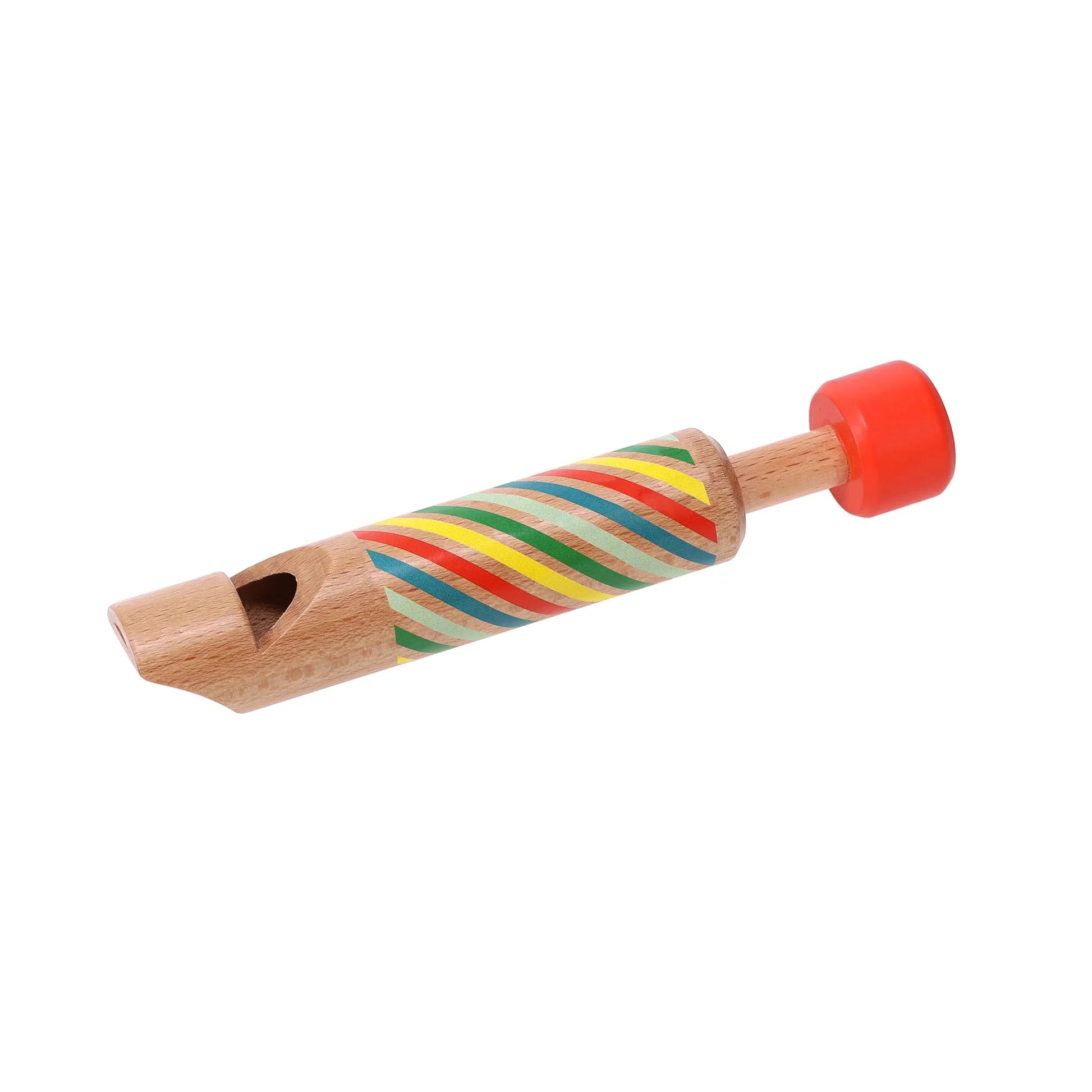 The image shows a small wooden whistle shaped like a short tube. A red sliding rod extends from one end, while the other end has a flat, smooth mouthpiece. Bright stripes of green, yellow, red, blue, and pale green wrap around the whistle, with natural wood grain visible between the colors.