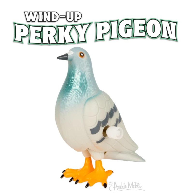 At the top of the image, bold block‑outline text reads “WIND‑UP, PERKY PIGEON.” Below it, centered on the page, is a glossy plastic windup pigeon toy. It has bright concentric yellow, black, and white eyes, a light green‑blue body that fades to a white torso, and white wings with simple gray feather lines. A windup key sticks out from one wing. The pigeon’s feet are bright yellow with black talons.