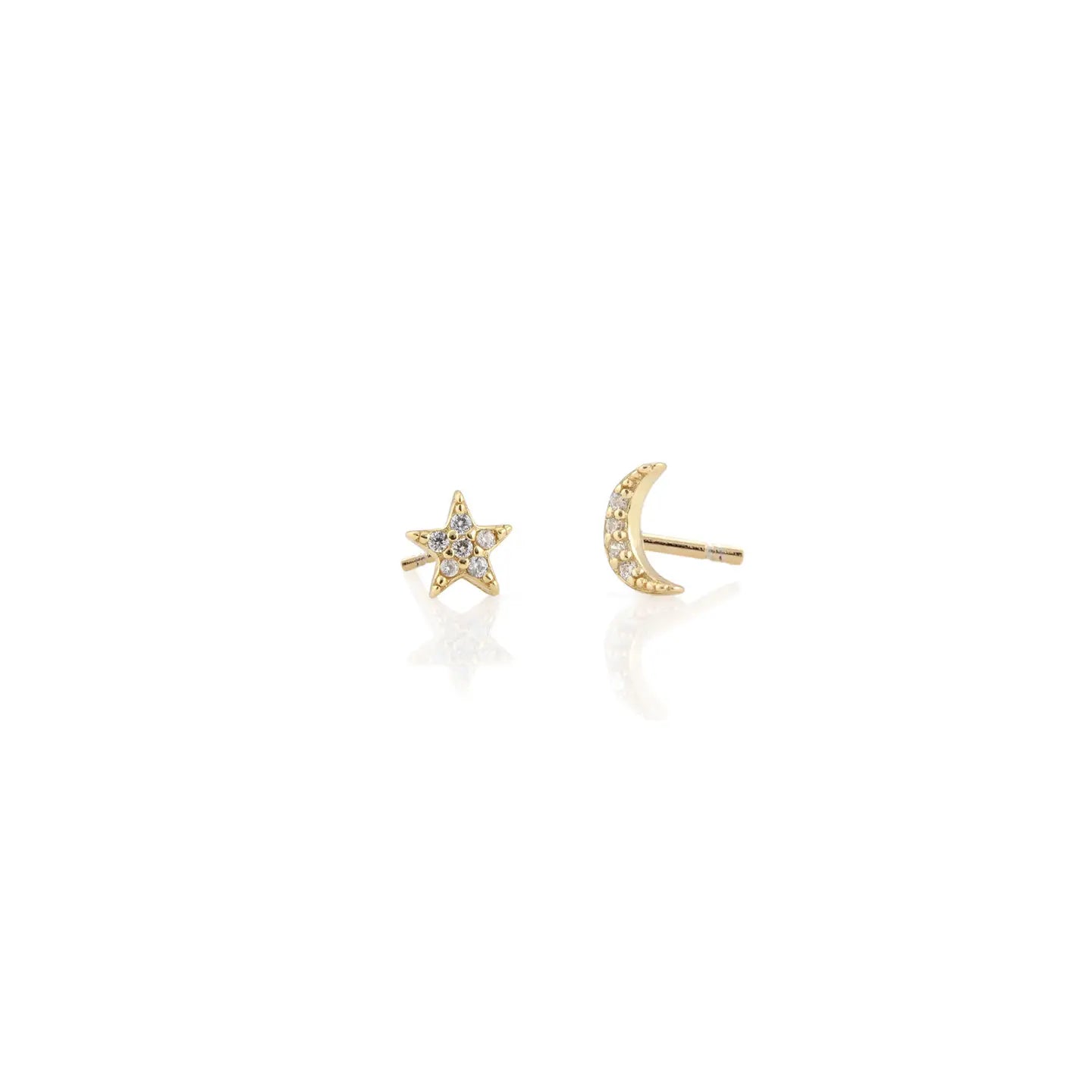 Pendientes: broqueles de estrella y luna con pavé de cristal