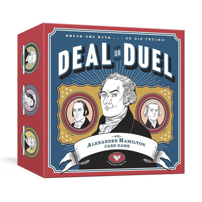 A box for the card game Deal or Duel shown against a blue background. The front features a framed illustration of Alexander Hamilton, set against a blue field with white radiating lines behind him, flanked by two men on either side. At the top, the title “DEAL OR DUEL” appears in bold white lettering, with the subtitle “—AN— Alexander Hamilton Card Game” below the portrait. The sides of the box are red and display additional illustrated figures, including two men and a woman in varied colors.