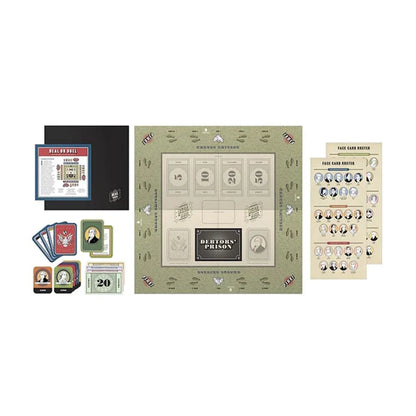 An image showing all the components of the Deal or Duel card game laid out together: stacks of action cards, historical face cards, and Hamilton cards; printed Colonial Cash totaling $3,500; a face card roster scroll; and a rectangular playing mat. The set is designed for 2–6 players, ages 10 and up.