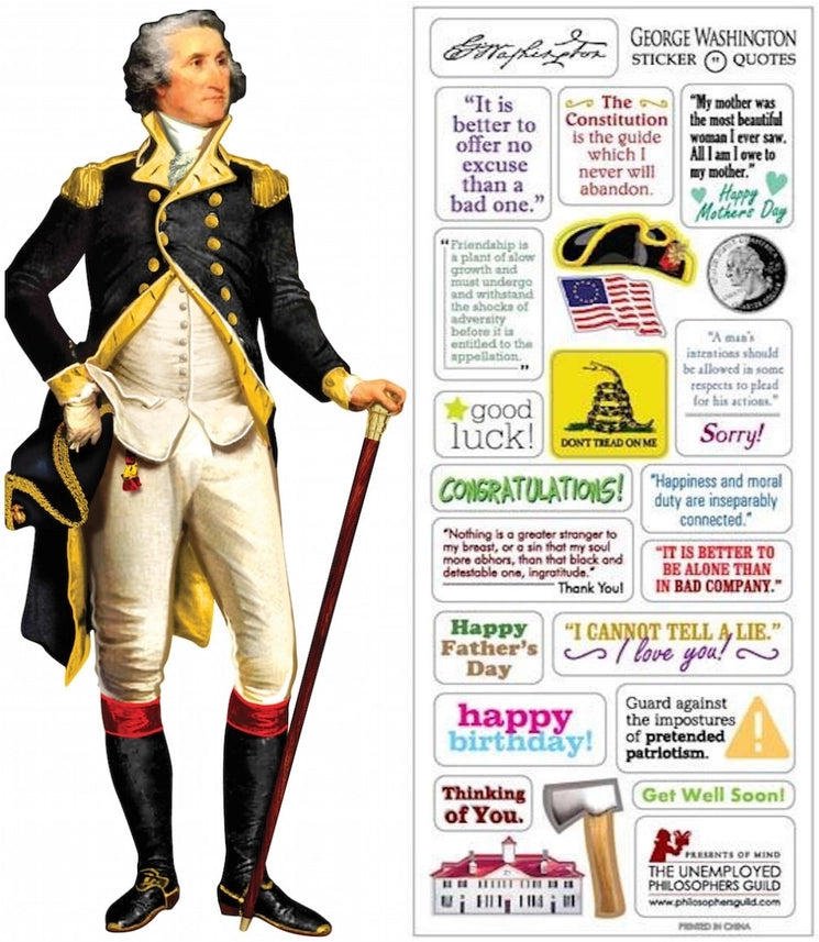 The image is on white background of a full‑figure, die‑cut greeting card depicting George Washington standing in full color, dressed in his military uniform. He holds a walking stick in one hand, with the other resting on his hip. The card stands upright, is blank inside for a personal message, and includes a sheet of colorful quote and greeting stickers, plus an envelope for mailing.