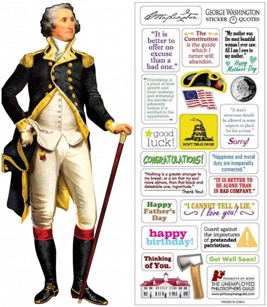 The image is on white background of a full‑figure, die‑cut greeting card depicting George Washington standing in full color, dressed in his military uniform. He holds a walking stick in one hand, with the other resting on his hip. The card stands upright, is blank inside for a personal message, and includes a sheet of colorful quote and greeting stickers, plus an envelope for mailing.