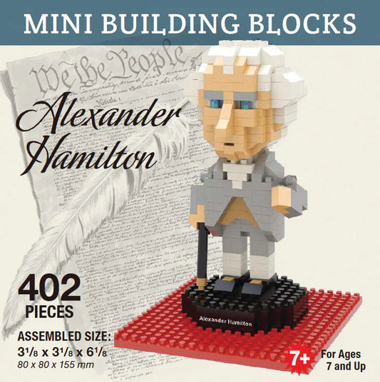 Mini building block set of Alexander Hamilton with 402 pieces on a white background.