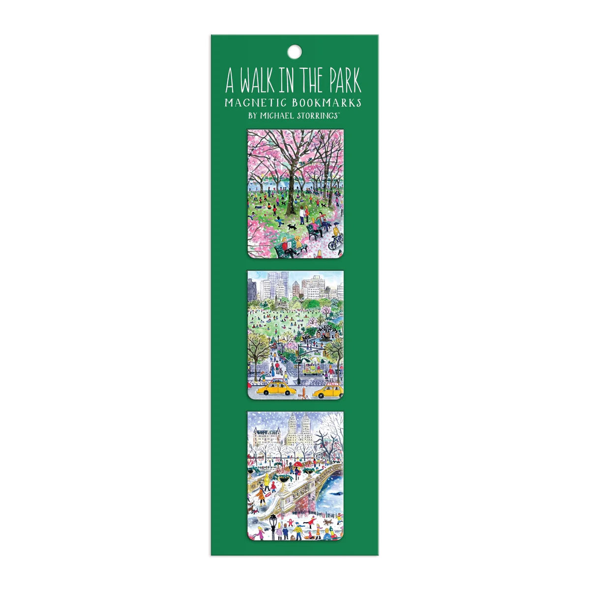 Packaging of 'A Walk in the Park' magnetic bookmarks with illustrations on a white background.