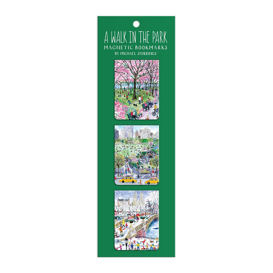 Packaging of 'A Walk in the Park' magnetic bookmarks with illustrations on a white background.