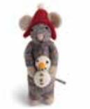 Ratón de fieltro gris con muñeco de nieve