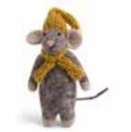 Ratón de fieltro gris con bufanda y gorro de punto