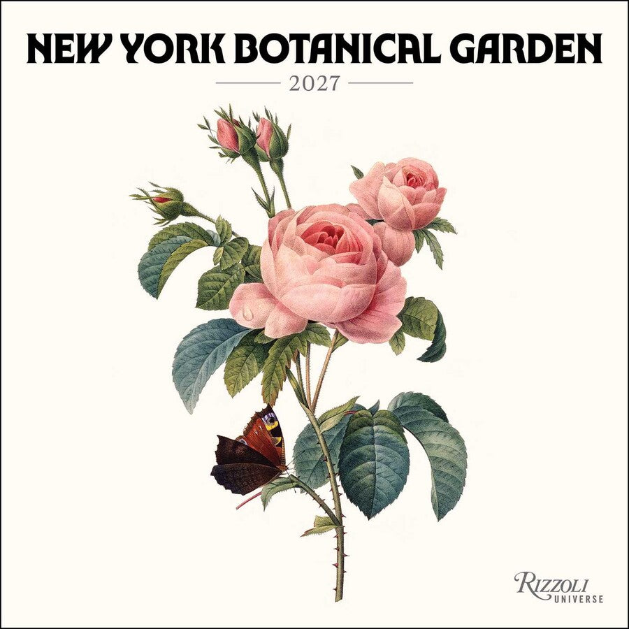Calendar cover with pink roses and a butterfly, featuring 'New York Botanical Garden' and 'Rizzoli' on a white background.