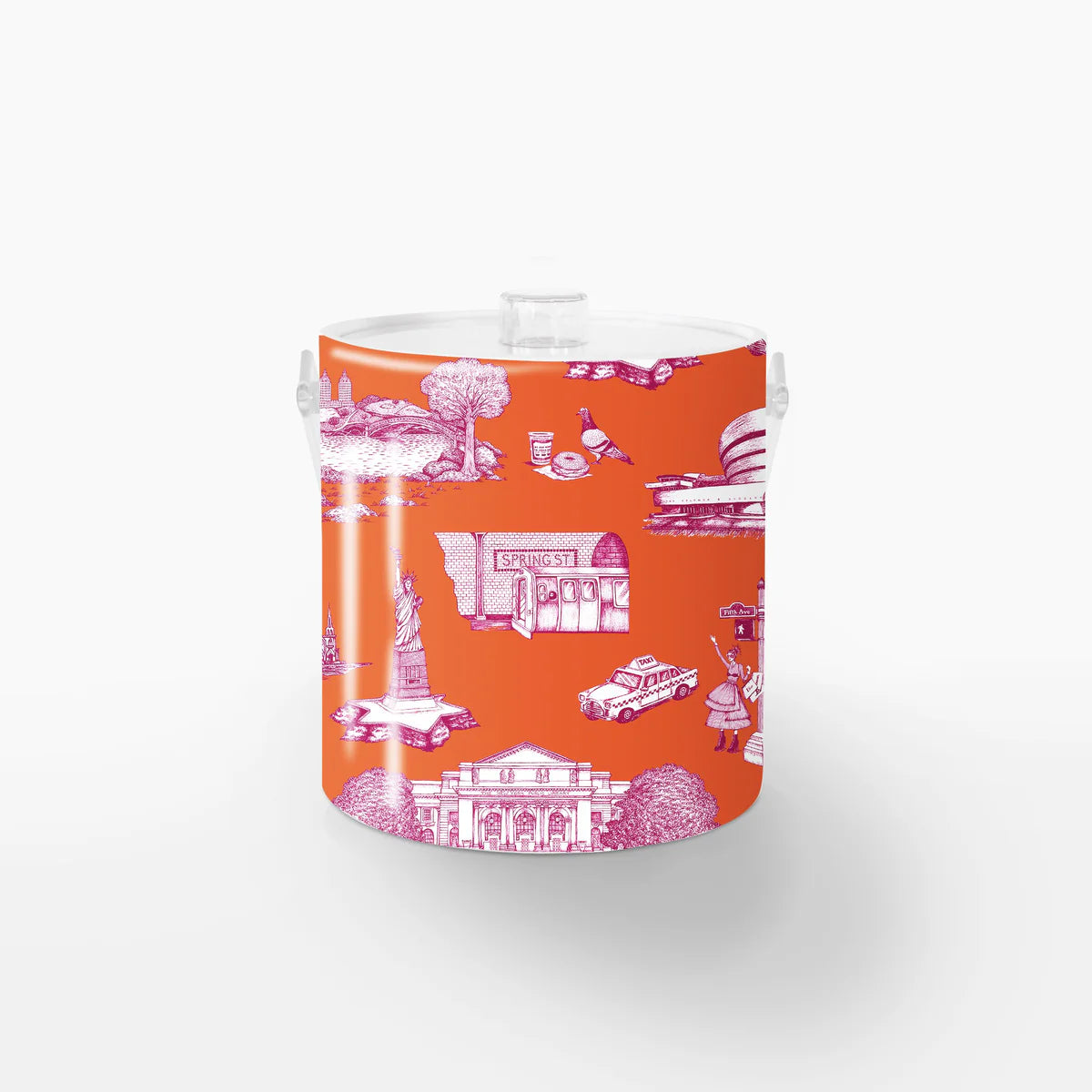 Ice Bucket: New York Toile: The bucket has a orange background with a bold magenta toile pattern showing simple line drawings of NYC icons—pigeons, bagels, Greek coffee cups, and yellow cabs—repeated evenly around the surface. It’s smooth, cylindrical, and topped with a snug lid and a handle in clear Lucite.