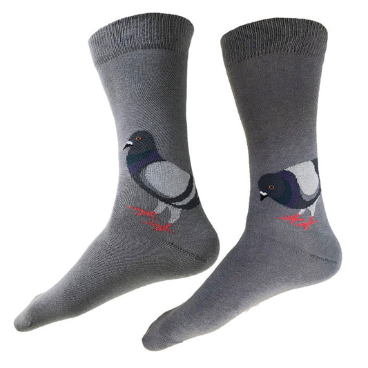A pair of knit cotton socks featuring an illustration by artist Kate Williamson. The design shows two pigeons drawn in a simple, elegant style, with rounded black grey bodies, deep green and purple necks, and lighter grey wings. The pigeons have black beaks and yellow irises with black centers for visual contrast, along with red legs and small claws. One pigeon stands upright and alert, while the other leans forward to snack, making the figures easy to recognize through clear shapes and strong contrast.
 
