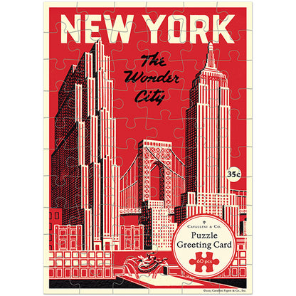 Vintage-style puzzle packaging with New York City skyline and text on a red background