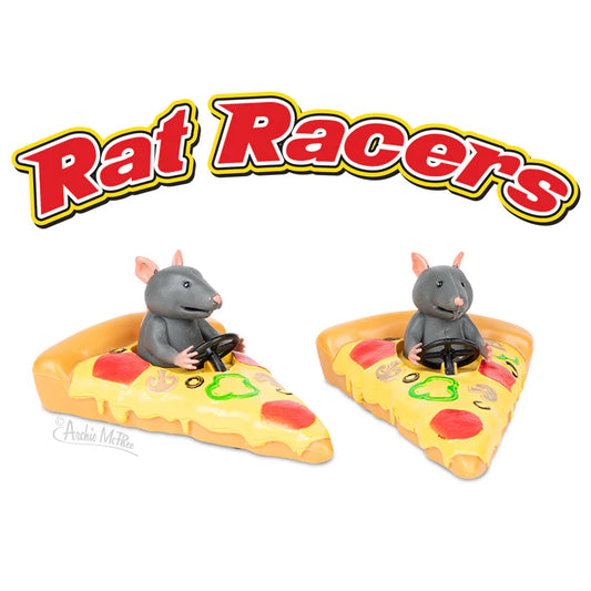 "Rat Racers” appears at the top in bright red block lettering outlined in white, black and yellow. Two small, colorful toy plastic  cars shaped like triangular pizza slices have smooth yellow tops, raised light‑brown crust edges, and small bumps for red pepperoni, beige mushrooms, and green ptoppings. Seated on each slice is a grey rat, big smile, small pink ears, nose, and tiny hands gripping black steering wheels. The toys feel chunky, playful, and easy to recognize by touch.

Sold individually