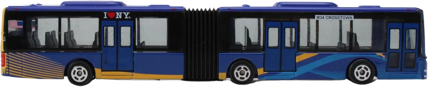 Toy bus, articulated, with 'I ❤️ NY' on a blue background with yellow accents.