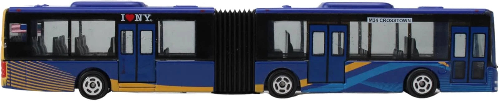 Toy bus, articulated, with 'I ❤️ NY' on a blue background with yellow accents.