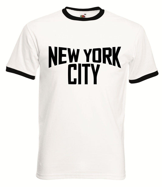 Product title: Tee: Famous NYC "John Lennon" Shirt in kids sizes - small to large.
This T‑shirt features the words ‘NEW YORK CITY’ in bold black text on a white background, with black trim around the neckline and sleeves. The design is inspired by the famous 1974 photo of John Lennon. The shirt is made from heavy cotton and offered in a unisex fit.