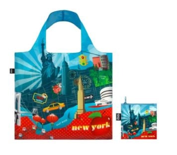 This is a lightweight, reusable eco‑bag made from thin, durable synthetic fabric that feels smooth and slightly crisp. It is water‑resistant, washable, and folds into a small square, which is shown in the image.
The bag is brightly colored in blues, yellows, and reds, featuring New York City images such as landmarks, skyscrapers, bridges, city streets, and a yellow taxi. The word “New York” is printed in yellow on the lower right. The print is smooth, and the fabric remains flexible.