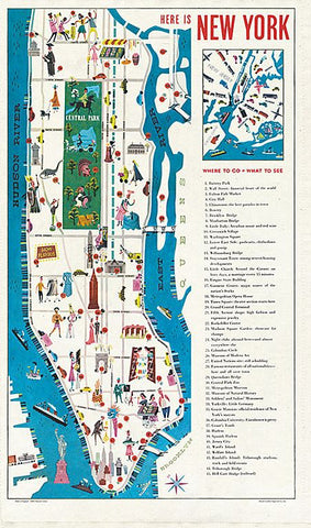 A tea towel that depicts a colorful map of Manhattan Island with small cartoon images of New Yorkers ,a list of where to go, what to see, and there are images of important locations such as the Empire State Building, Central Park, and the Statue of Liberty. 