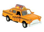 An old style metal yellow cab toy with advertisement and an open passenger door.