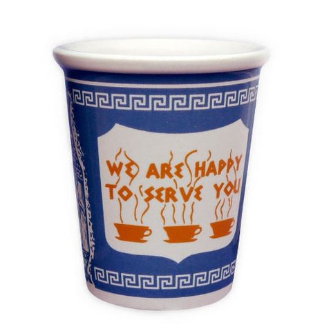 This three ounce espresso cup is designed after iconic paper coffee cups often used at diners. It has a blue ceramic background with s Greek key motif at the rim and base of the cup. Design also includes a white shield with three coffee cups and saucers and saying "We Are Happy To Serve You". The cup does not have a handle. Coordinates with the larger ten ounce coffee cup of the same design.