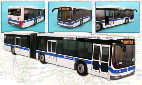 Three alternate views of a MTA long city bus.