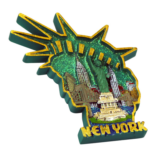 This small, palm‑sized magnet presents the face and crown of the Statue of Liberty in raised 3D form. Its textured verdigris green surface is outlined in bright yellow, with touchable details throughout. Within Lady Liberty’s face are sculpted iconic New York buildings and sights, and large, bold yellow lettering spelling “NEW YORK” appears at the base of her neck.