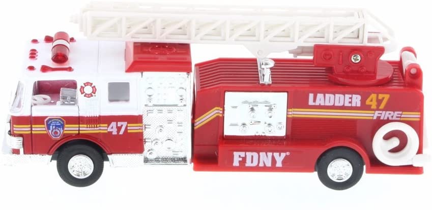 The image shows a profile view of a small red FDNY toy fire truck with a bright, glossy finish. A white ladder rests folded on top, complemented by silver detailing and chunky black wheels with silver rims. Emergency lights are visible on the cab roof, while the sides feature FDNY markings and openable doors. 