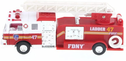 The image shows a profile view of a small red FDNY toy fire truck with a bright, glossy finish. A white ladder rests folded on top, complemented by silver detailing and chunky black wheels with silver rims. Emergency lights are visible on the cab roof, while the sides feature FDNY markings and openable doors. 