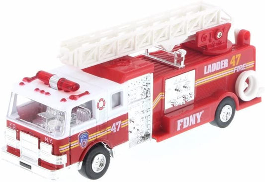 A small red FDNY toy fire truck with a bright, glossy finish. It features a white ladder folded neatly on top, silver detailing, and chunky black wheels with silver rims. The front includes tiny headlights and emergency lights on the roof, while the sides display FDNY markings and openable doors. Overall, it looks sturdy, compact, and playful.
