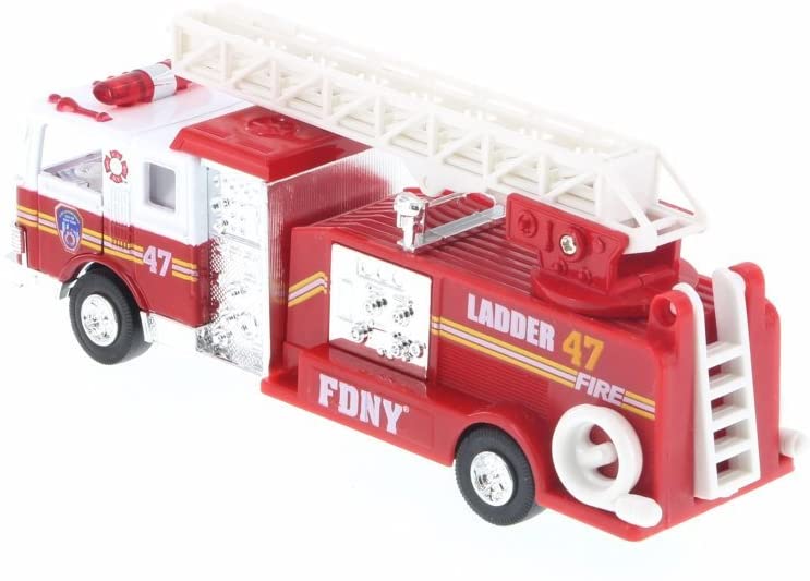 Shows a side profile of the fire truck at a slight diagonal angle, revealing the rear with its climb‑on ladder, while the mid‑section displays silver hose attachments.