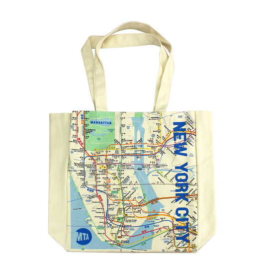 The MTA Tote Bag features a full quality print of the underground NYC Subway map all over the face of the tote followed by "NEW YORK CITY" written out vertically along the side of the bag & the official MTA logo in the lower left corner.