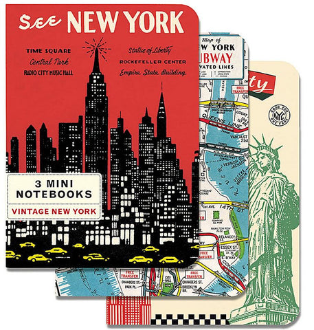 3 miniature notebooks with various vintage new york illustrations on each