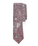 A men's tie with NYC city grid with deep burgundy buildings and silver streets.