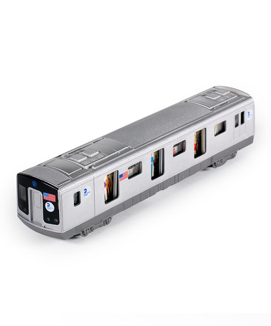 The pull‑back subway car is a small silver‑gray NYC train toy with printed windows, doors, and tiny passengers on the sides. Two raised buttons on top open the doors and play a station announcement. It rolls on four wheels, zooms forward when pulled back, and makes train sounds when pressed down as it moves.